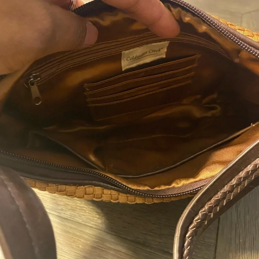 Coldwater Creek Small Brown Woven Shoulder Hand Bag Zip Closure Inside Pockets.